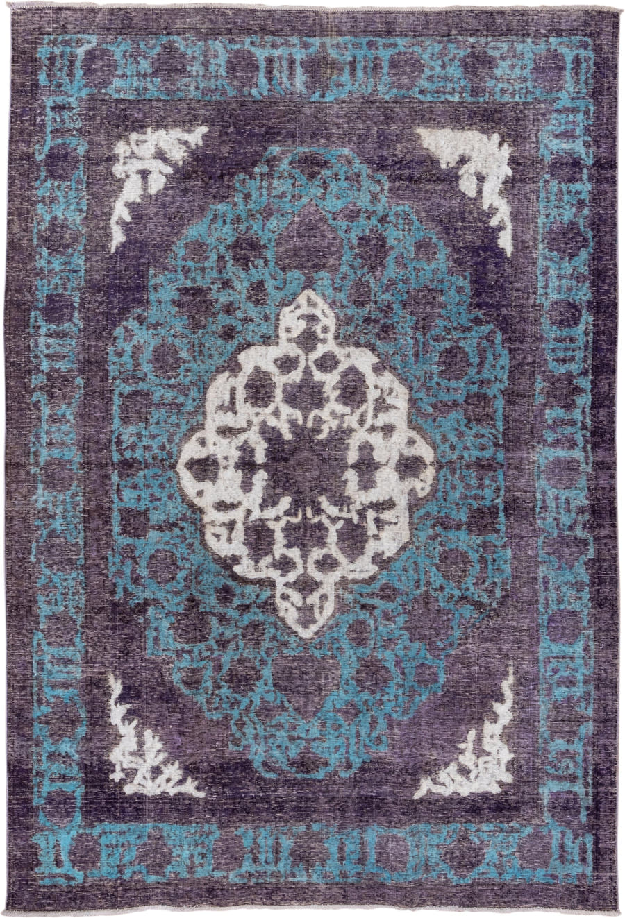 6' x 9' one-of-a-kind handmade vintage Overdyed medium size rug. Color palette: purple, turquoise, ivory, charcoal, teal