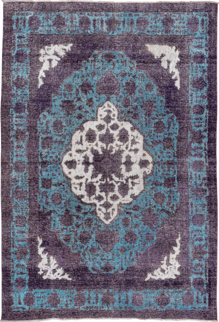 6' x 9' one-of-a-kind handmade vintage Overdyed medium size rug. Color palette: blue, gainsboro, gray, light blue