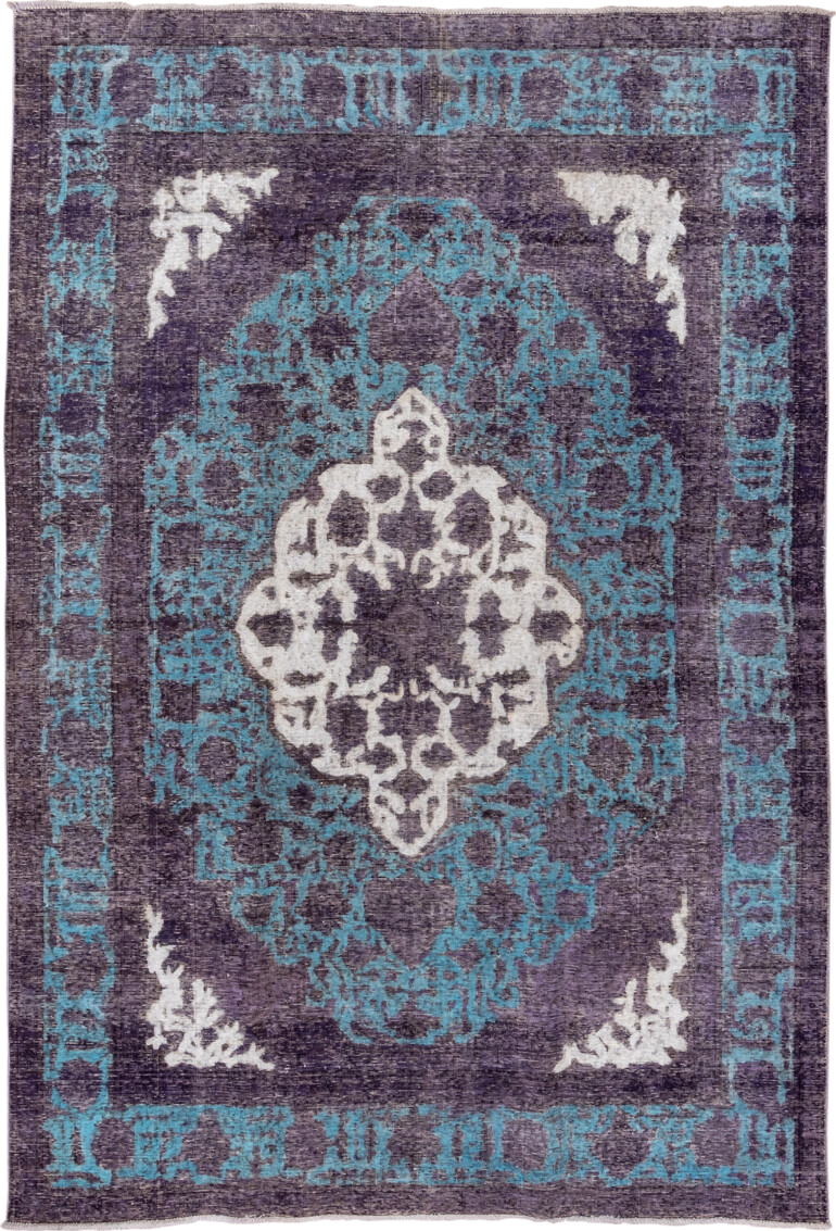 6' x 9' one-of-a-kind handmade vintage Overdyed medium size rug. Color palette: purple, turquoise, ivory, charcoal, teal