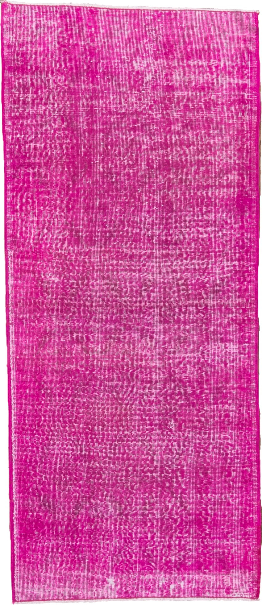 2' x 6' one-of-a-kind handmade vintage Overdyed runner rug. Color palette: fuchsia, magenta, rose, ivory, pink, red