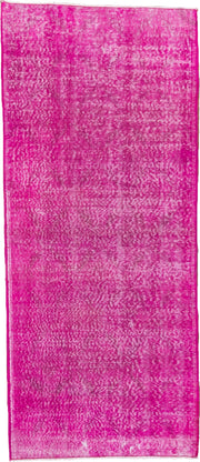 2' x 6' one-of-a-kind handmade vintage Overdyed runner rug. Color palette: fuchsia, magenta, rose, ivory, pink, red