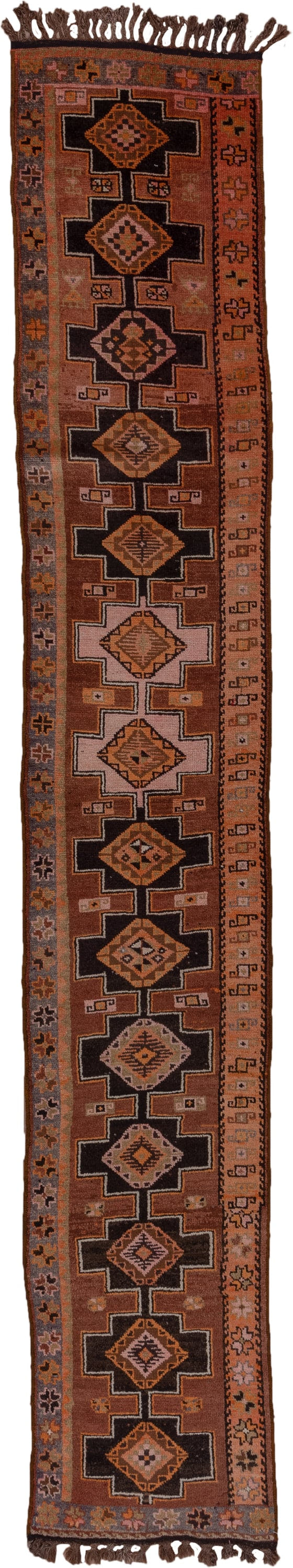 2' x 13' one-of-a-kind handmade vintage Kars runner rug. Color palette: terra cotta, brown, taupe, camel, charcoal, ivory