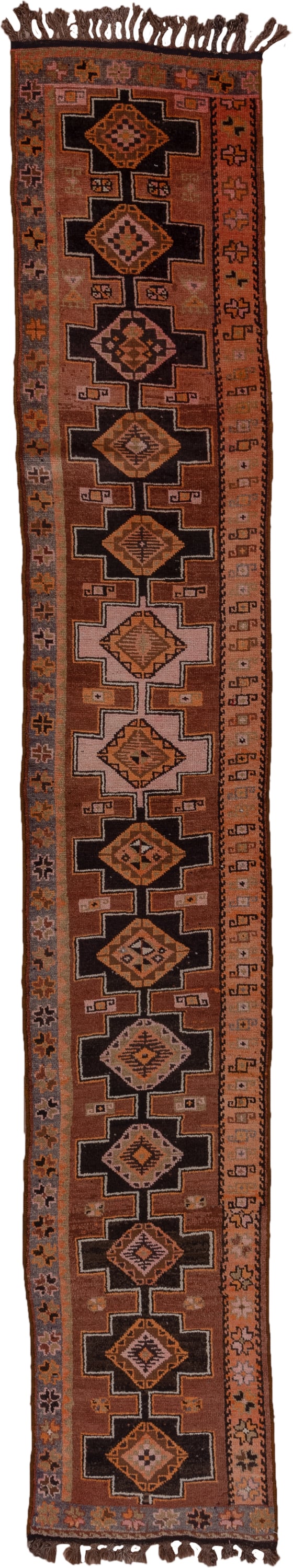 2' x 13' one-of-a-kind handmade vintage Kars runner rug. Color palette: terra cotta, brown, taupe, camel, charcoal, ivory
