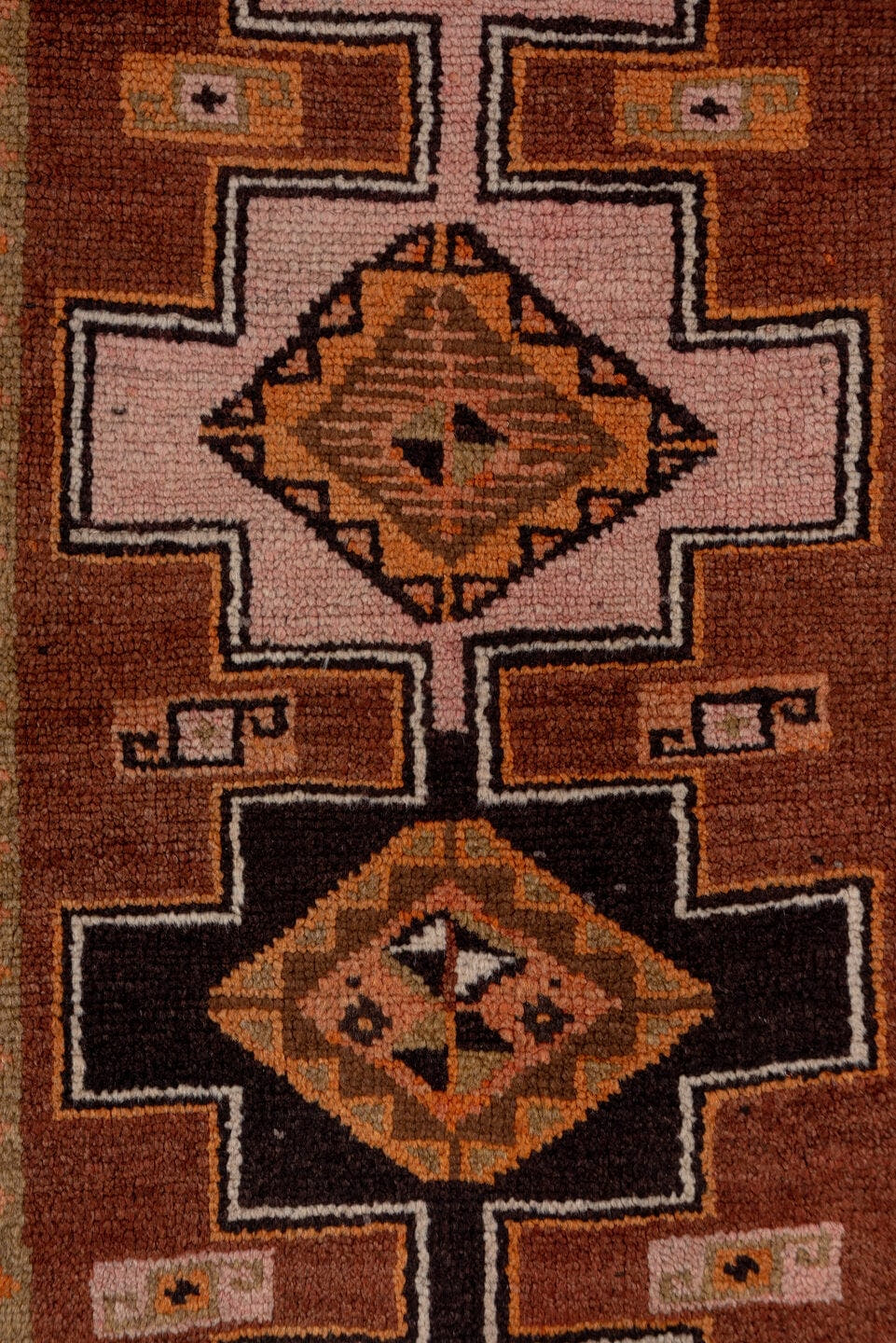 2' x 13' one-of-a-kind handmade vintage Kars runner rug. Color palette: terra cotta, brown, taupe, camel, charcoal, ivory