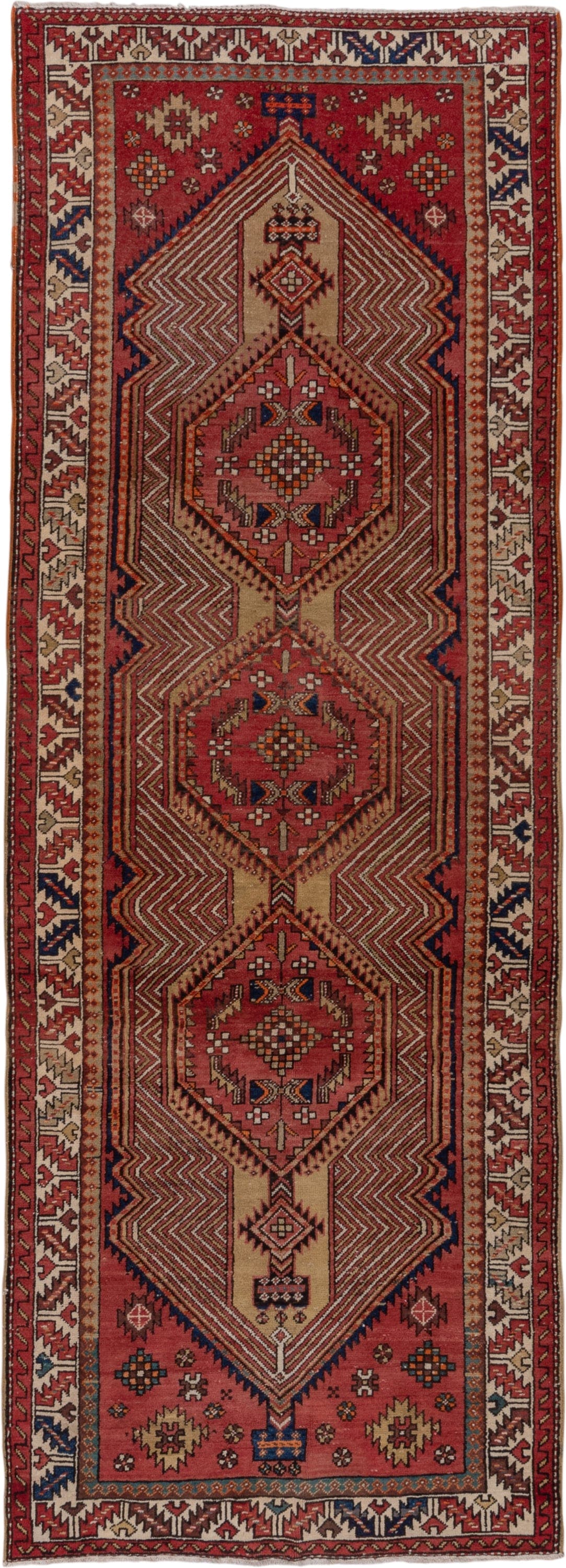 4' x 11' one-of-a-kind handmade antique Sarab runner rug. Color palette: rust, ivory, brick, navy, camel, burgundy