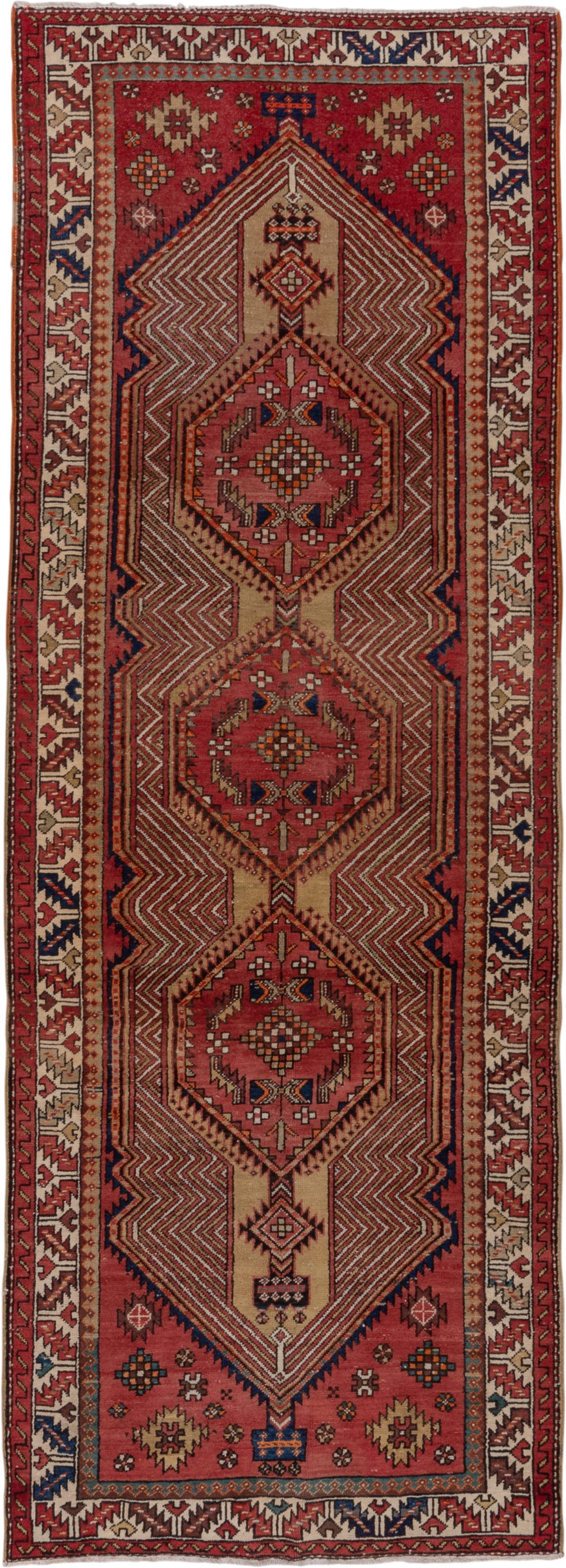 4' x 11' one-of-a-kind handmade antique Sarab runner rug. Color palette: rust, ivory, brick, navy, camel, burgundy