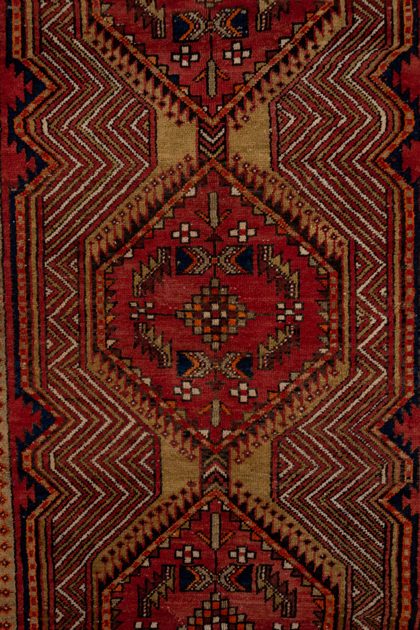 4' x 11' one-of-a-kind handmade antique Sarab runner rug. Color palette: rust, ivory, brick, navy, camel, burgundy
