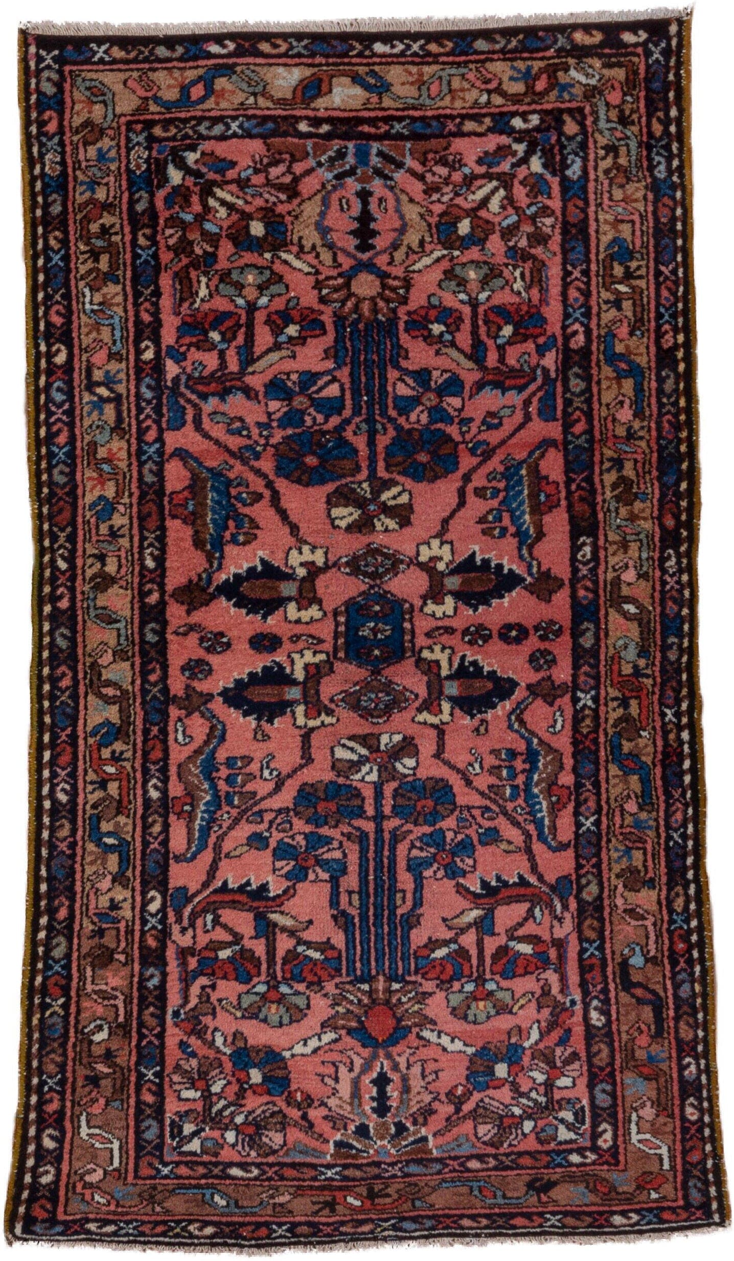 3' x 6' one-of-a-kind handmade vintage Lilian small size rug. Color palette: rose, navy, dusty pink, ivory, taupe, rust