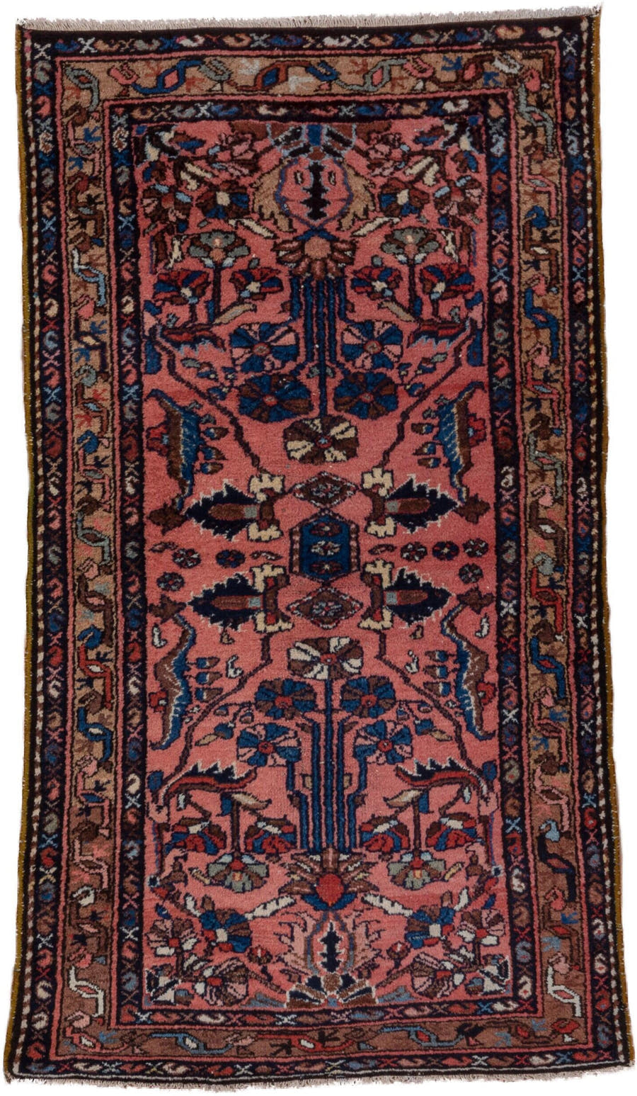 3' x 6' one-of-a-kind handmade vintage Lilian small size rug. Color palette: rose, navy, dusty pink, ivory, taupe, rust