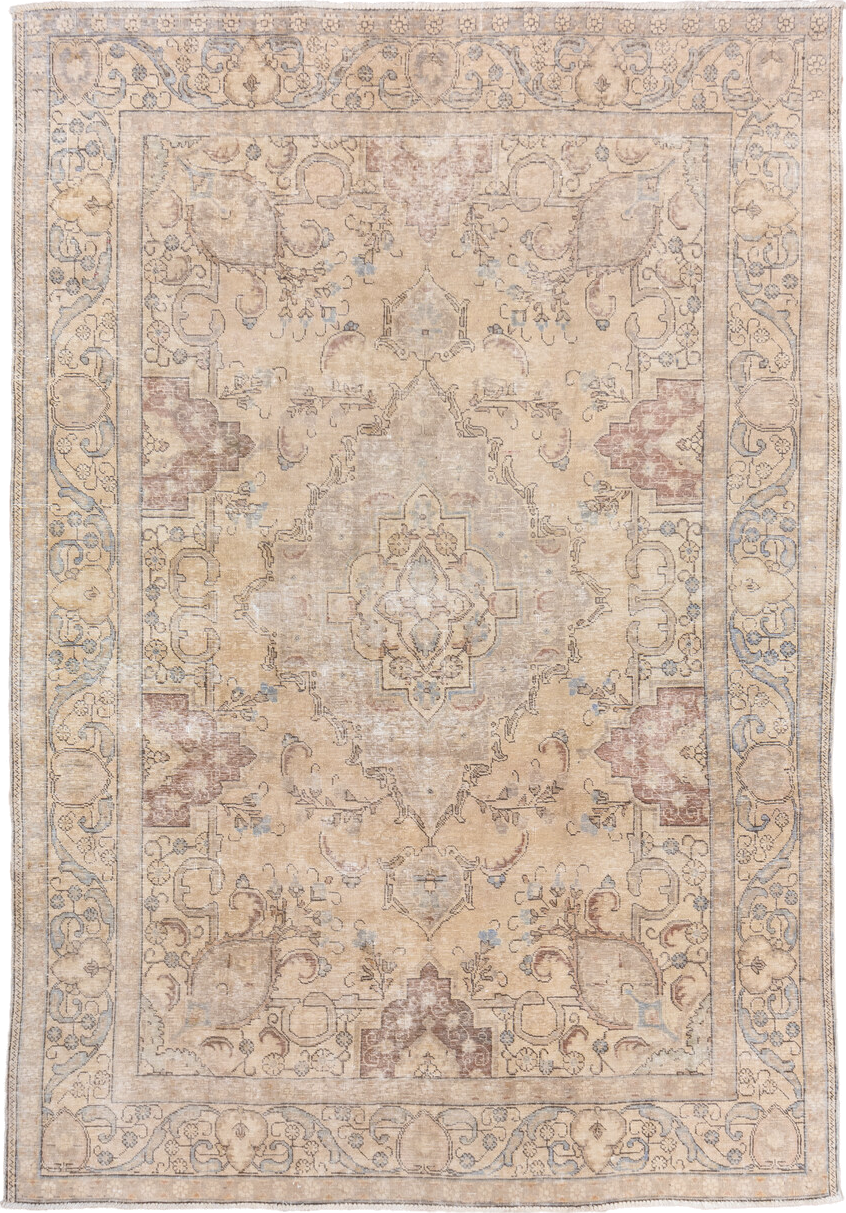 8' x 11' one-of-a-kind handmade vintage Tabriz large size rug. Color palette: ivory, beige, taupe, pale blue, dusty rose