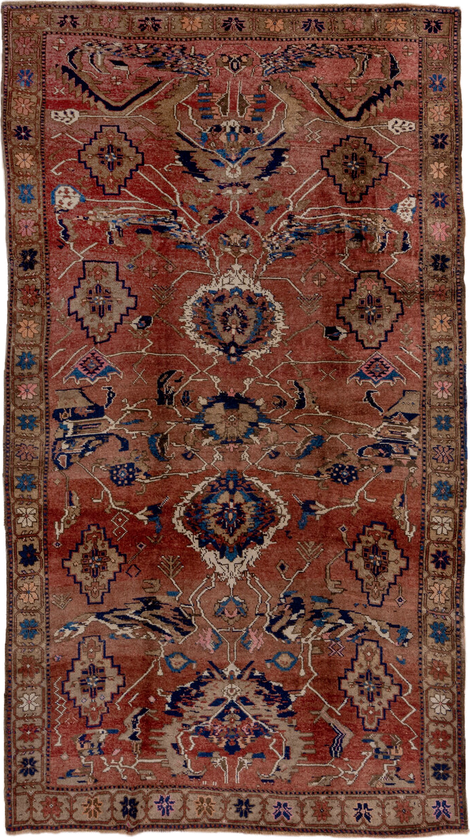 7' x 13' one-of-a-kind handmade antique Karabagh large size rug. Color palette: rose, rust, taupe, indigo, ivory, camel