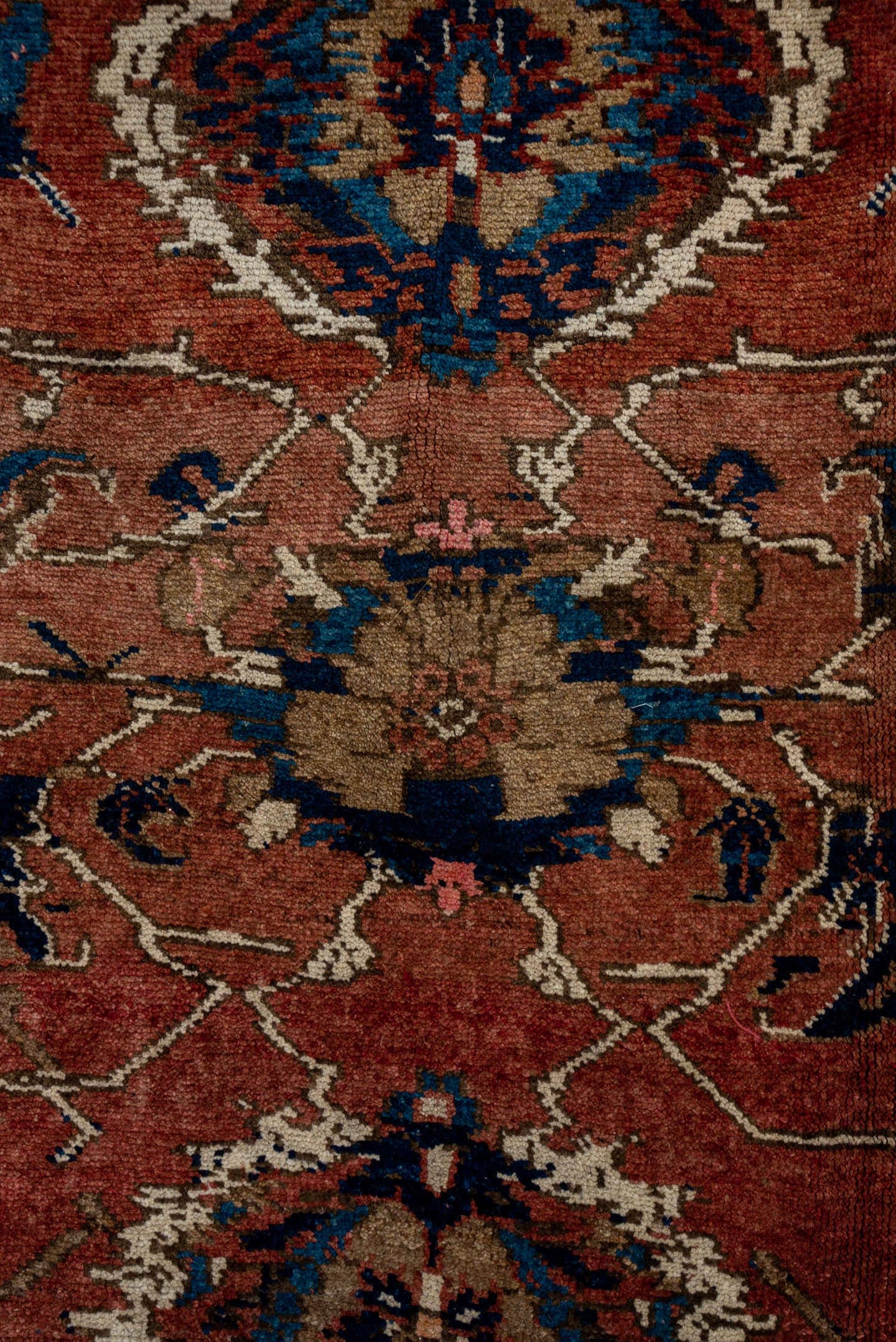 7' x 13' one-of-a-kind handmade antique Karabagh large size rug. Color palette: rose, rust, taupe, indigo, ivory, camel