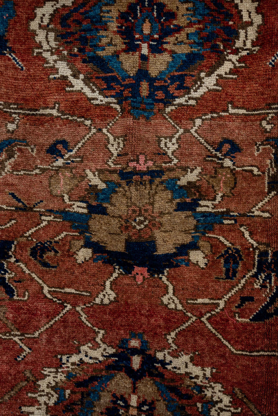 7' x 13' one-of-a-kind handmade antique Karabagh large size rug. Color palette: rose, rust, taupe, indigo, ivory, camel