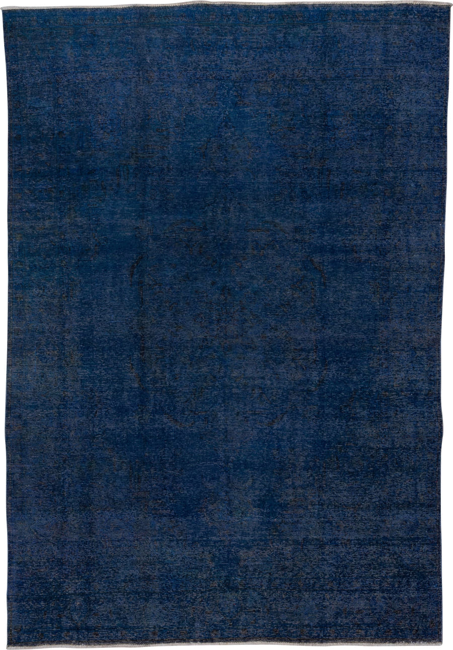 8' x 11' one-of-a-kind handmade vintage Overdyed large size rug. Color palette: navy, indigo, charcoal, slate, blue, purple