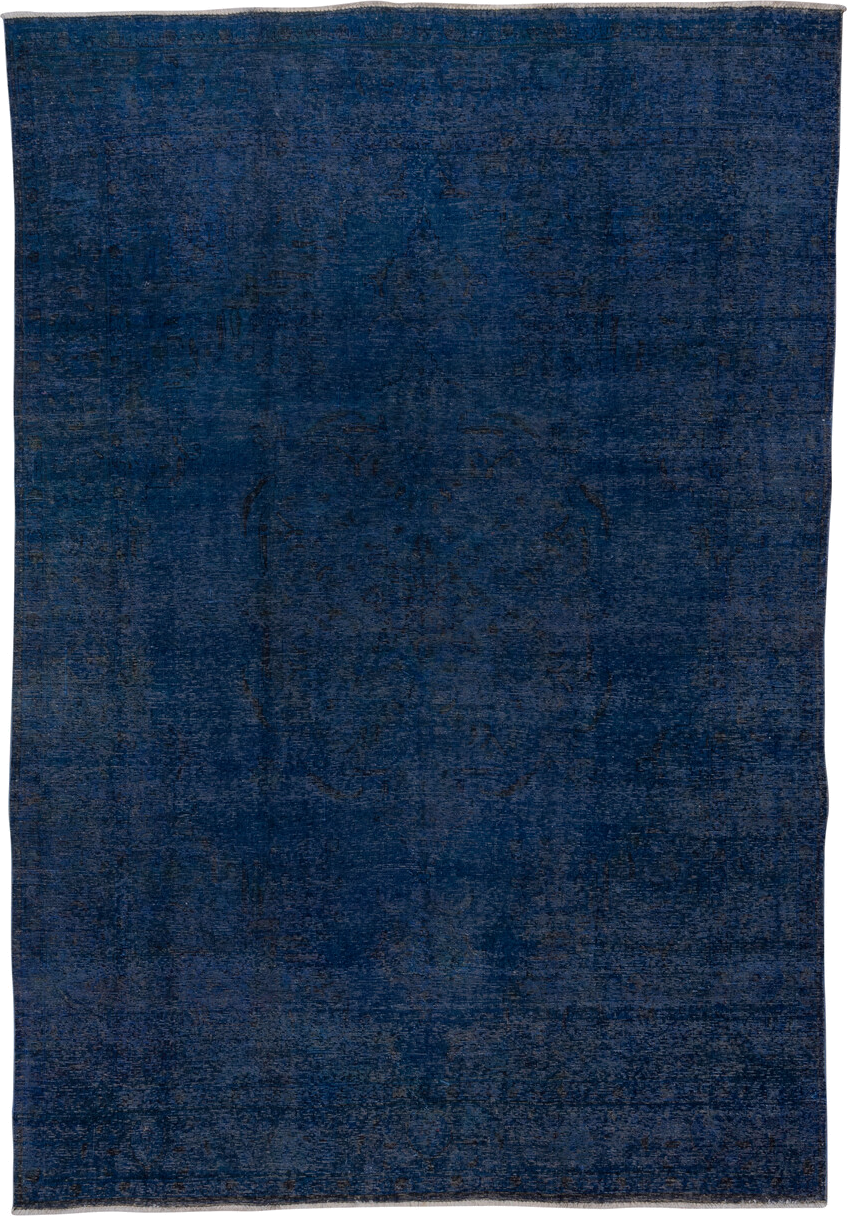 8' x 11' one-of-a-kind handmade vintage Overdyed large size rug. Color palette: navy, indigo, charcoal, slate, blue, purple