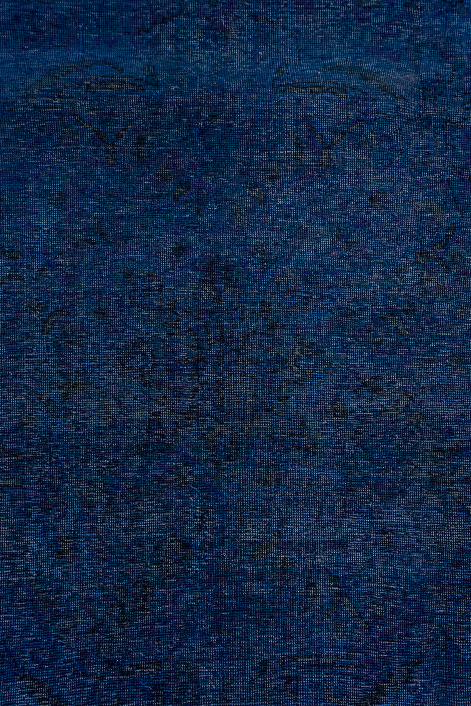 8' x 11' one-of-a-kind handmade vintage Overdyed large size rug. Color palette: blue, dim gray, fiord, gray, off-white, snow