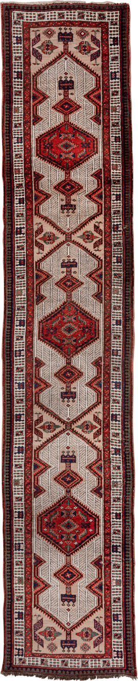 2' x 14' one-of-a-kind handmade vintage Sarab runner rug. Color palette: brown, dim gray, fire brick, gray, light gray
