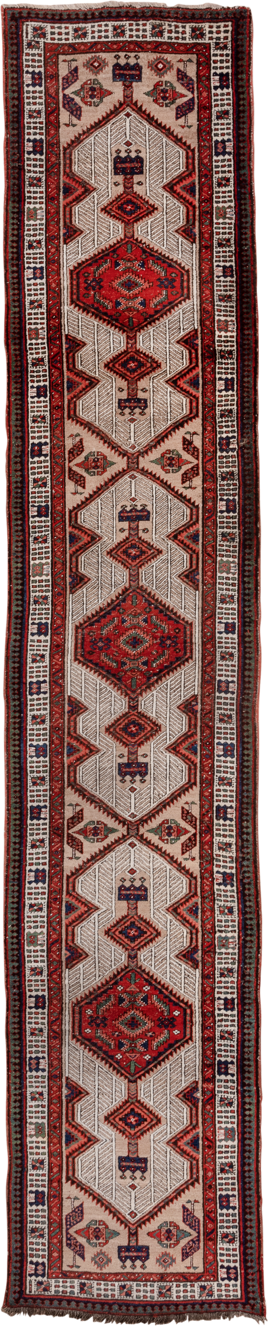 2' x 14' one-of-a-kind handmade vintage Sarab runner rug. Color palette: ivory, rust, navy, camel, crimson, charcoal