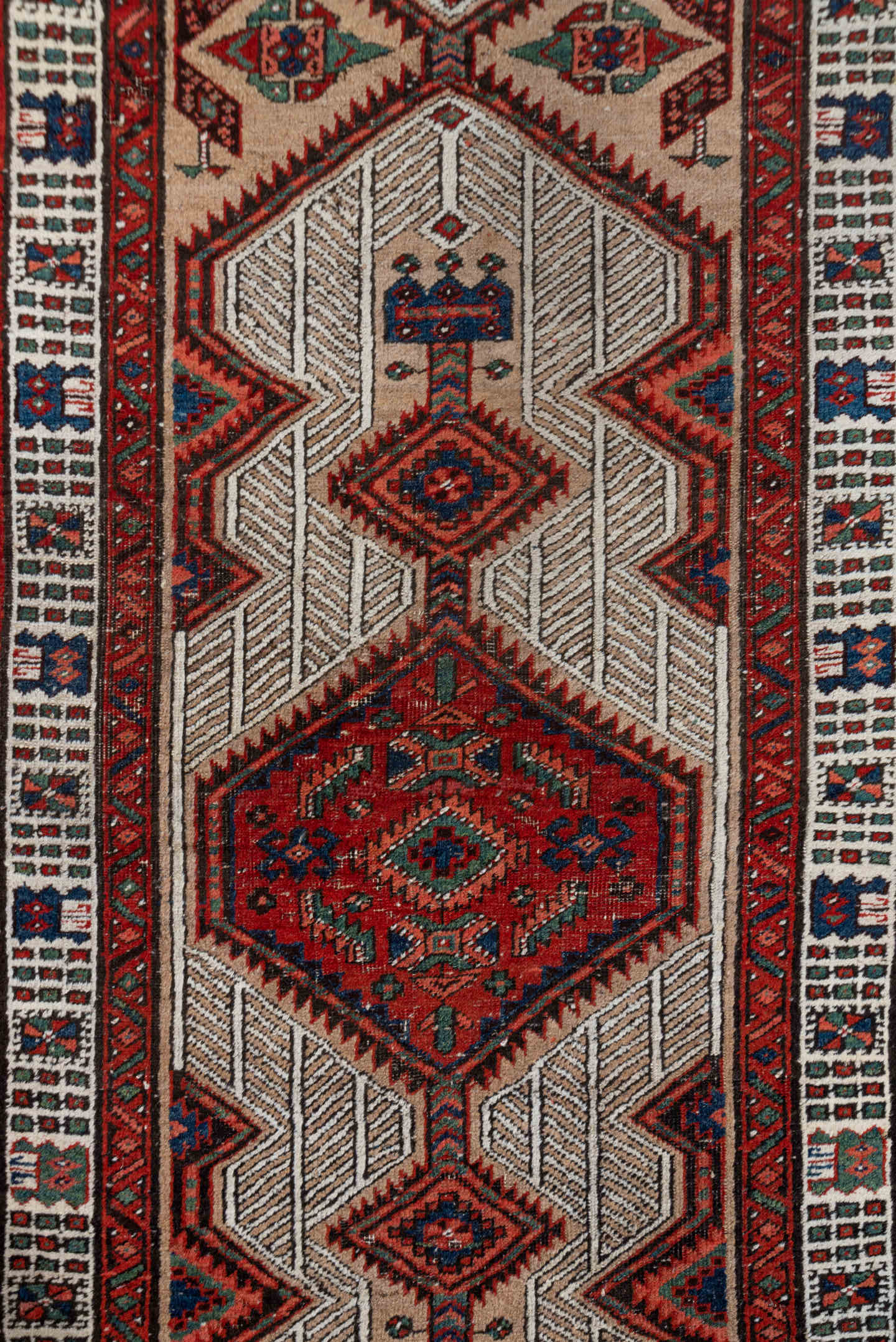 2' x 14' one-of-a-kind handmade vintage Sarab runner rug. Color palette: ivory, rust, navy, camel, crimson, charcoal
