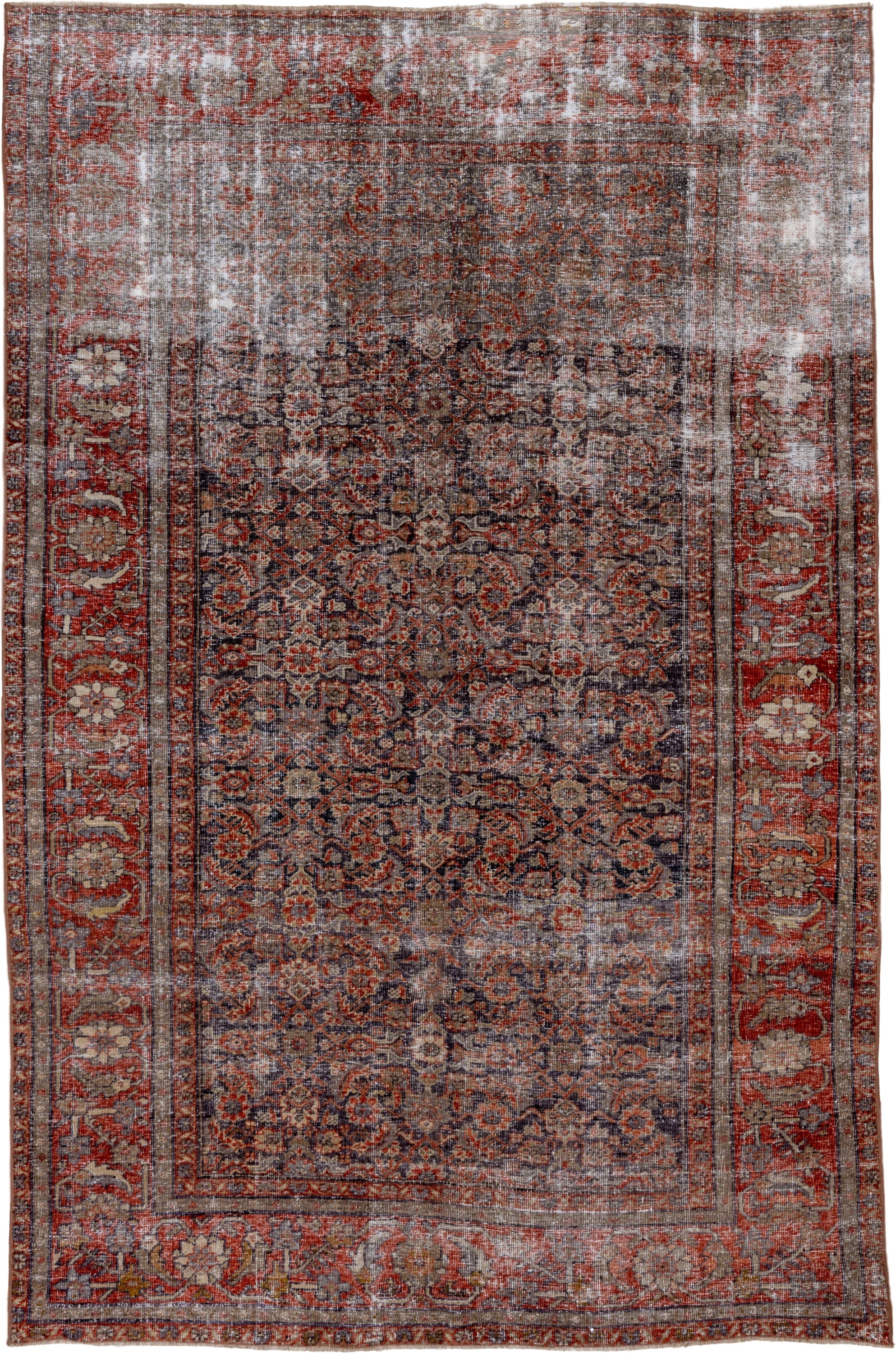 5' x 8' one-of-a-kind handmade antique Mahal medium size rug. Color palette: rust, charcoal, taupe, ivory, terra cotta