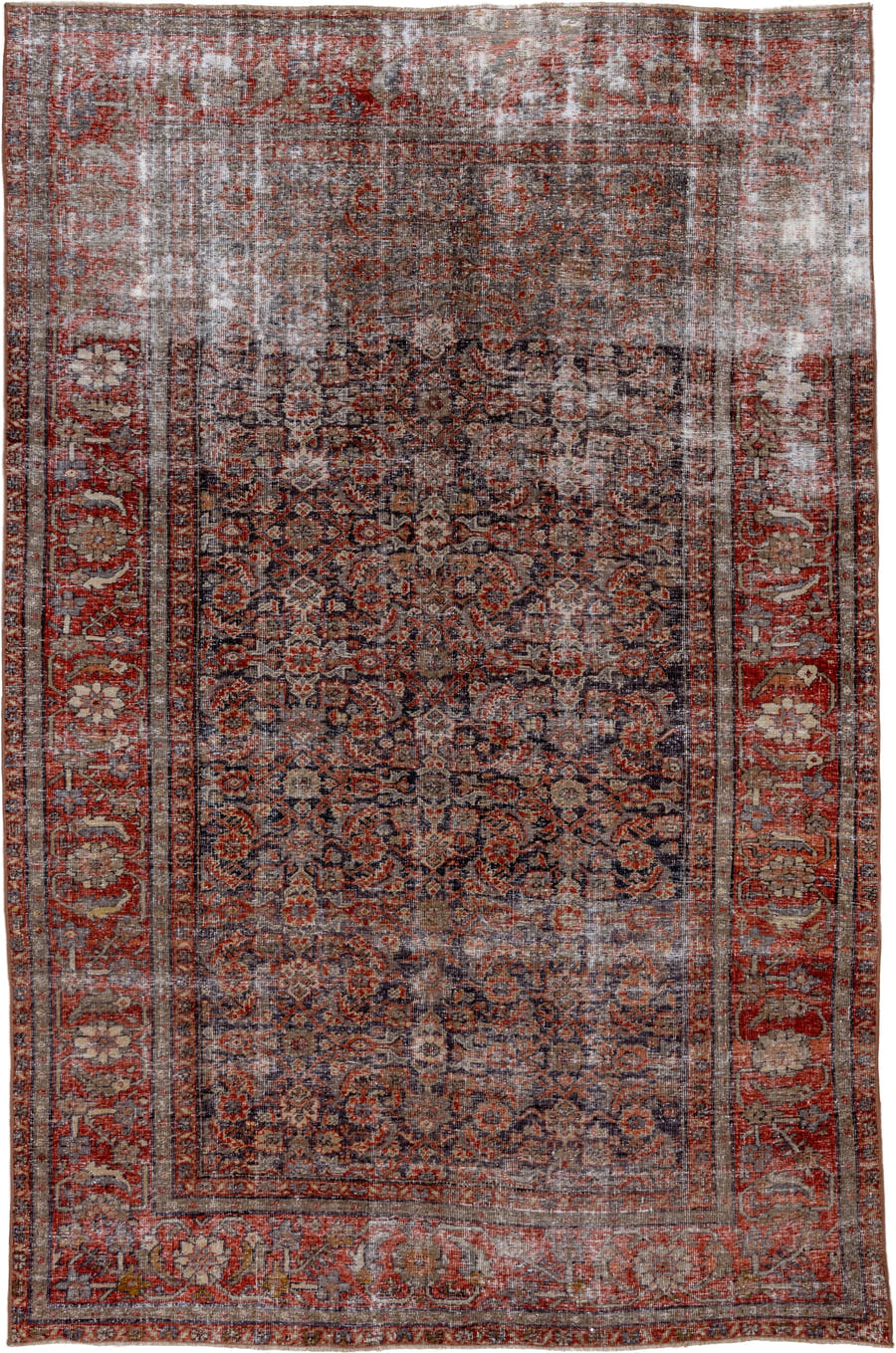 5' x 8' one-of-a-kind handmade antique Mahal medium size rug. Color palette: rust, charcoal, taupe, ivory, terra cotta