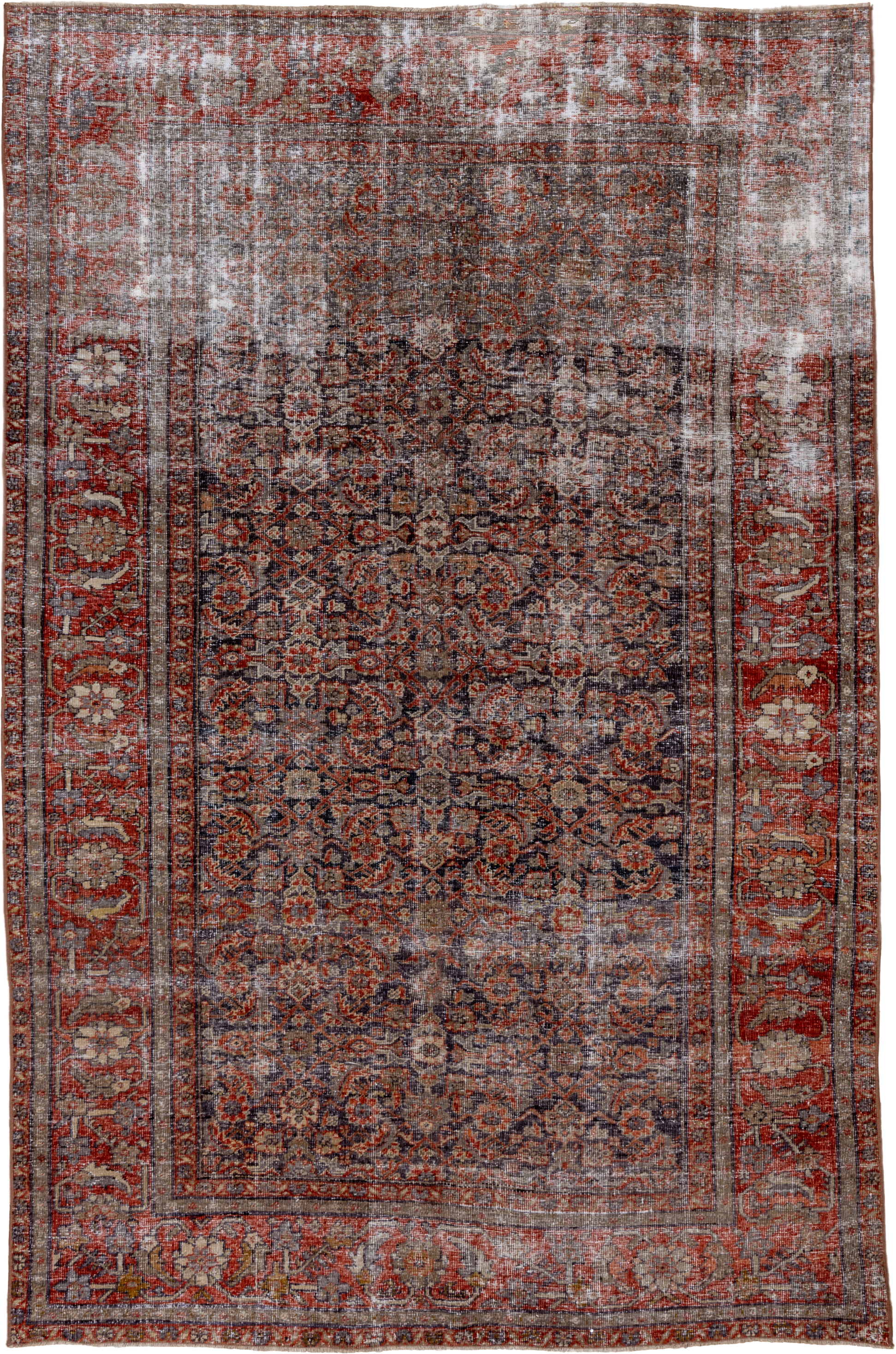 5' x 8' one-of-a-kind handmade antique Mahal medium size rug. Color palette: rust, charcoal, taupe, ivory, terra cotta