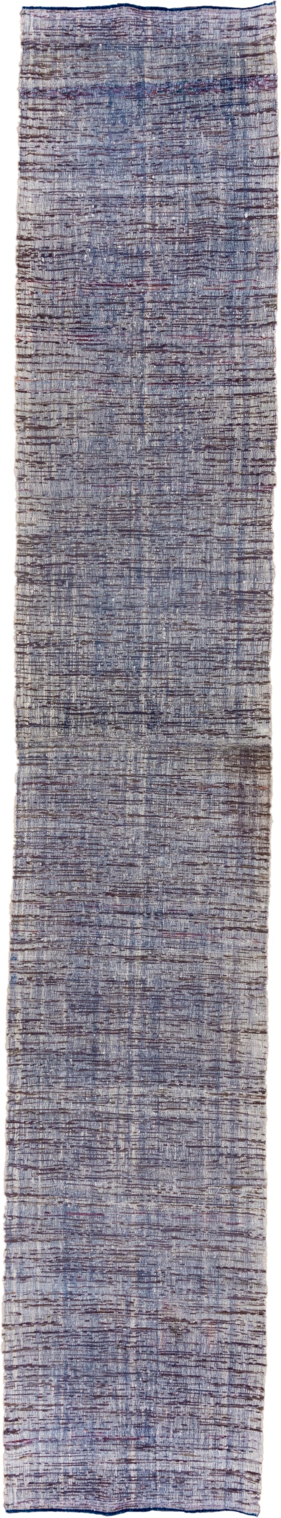 3' x 19' one-of-a-kind handmade vintage Kilim runner rug. Color palette: blue, ivory, slate, plum, taupe, gray, pink, purple