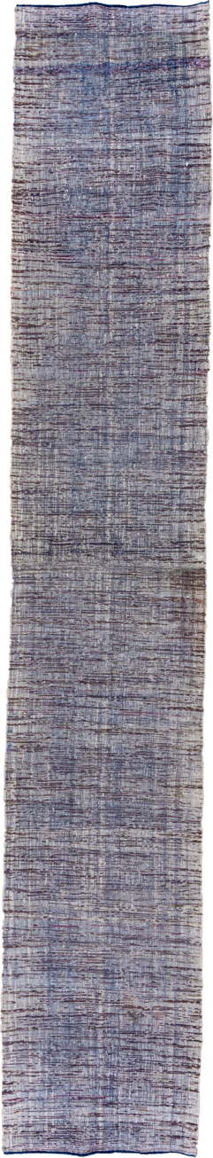 3' x 19' one-of-a-kind handmade vintage Kilim runner rug. Color palette: blue, ivory, slate, plum, taupe, gray, pink, purple
