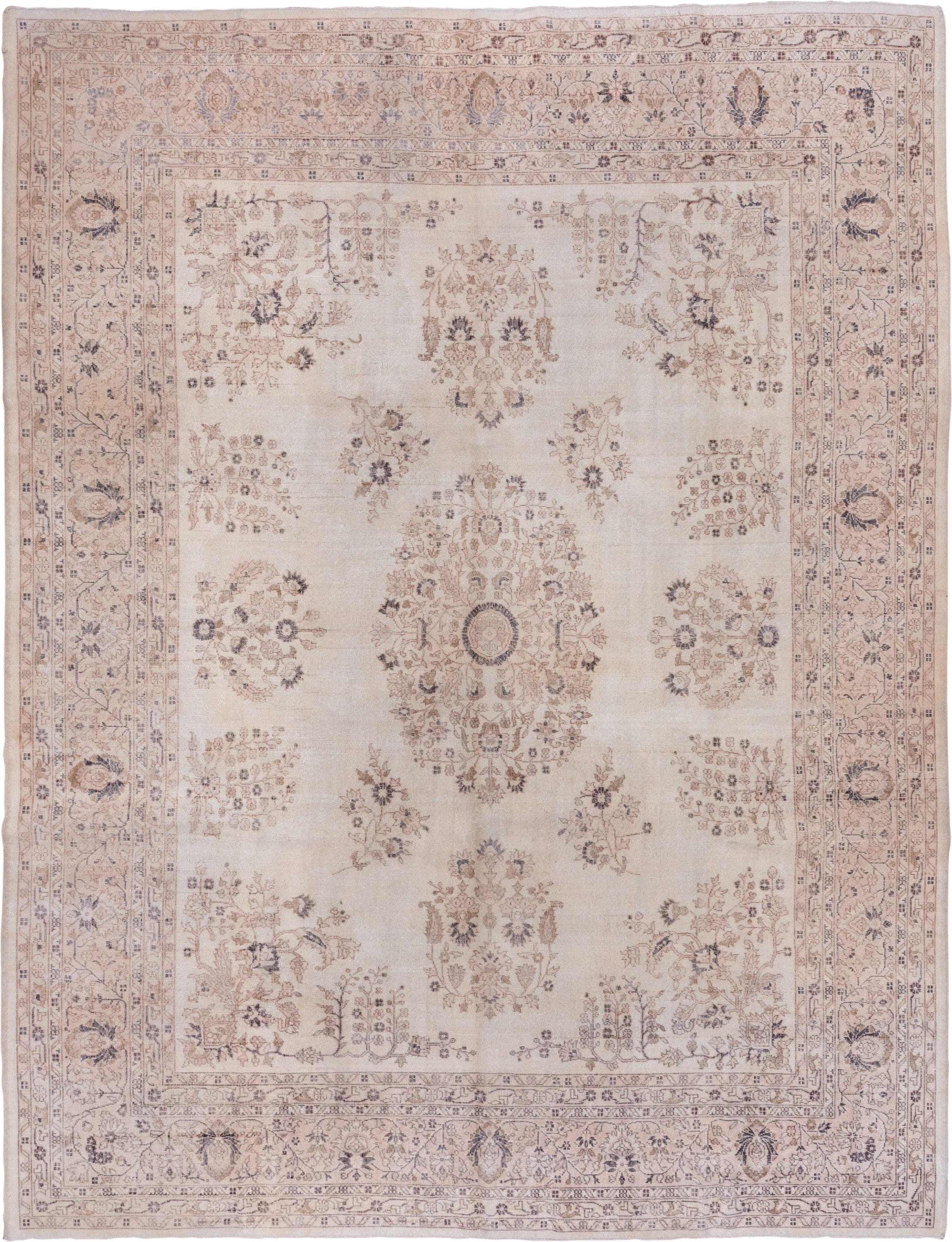 10' x 13' one-of-a-kind handmade vintage Oushak large size rug. Color palette: ivory, blush, taupe, dusty rose, slate, beige