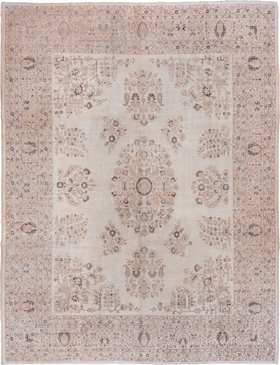 10' x 13' one-of-a-kind handmade vintage Oushak large size rug. Color palette: ivory, blush, taupe, dusty rose, slate, beige