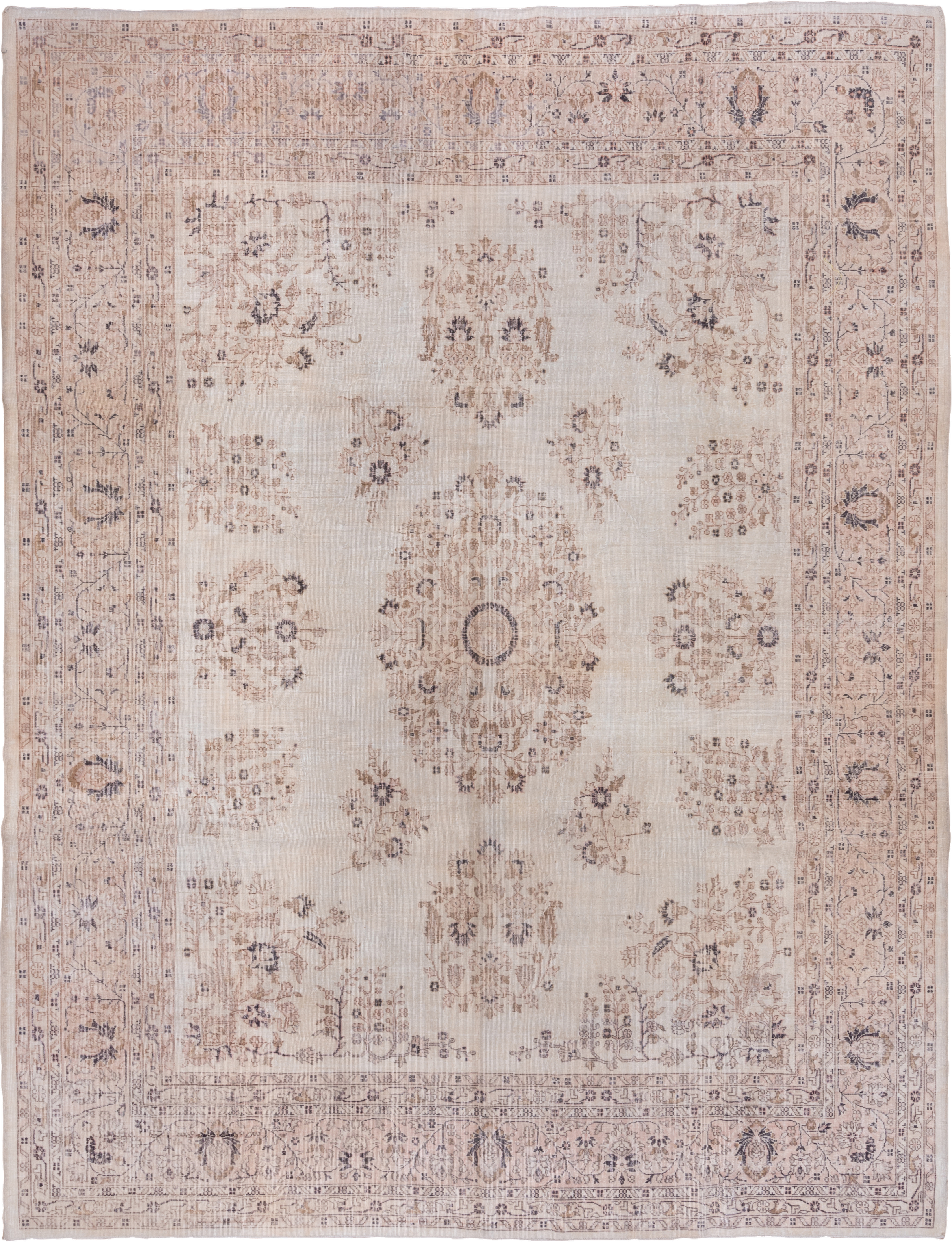 10' x 13' one-of-a-kind handmade vintage Oushak large size rug. Color palette: ivory, blush, taupe, dusty rose, slate, beige