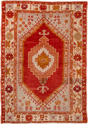 3' x 5' one-of-a-kind handmade vintage Oushak small size rug. Color palette: rust, ivory, terra cotta, gold, camel, rose