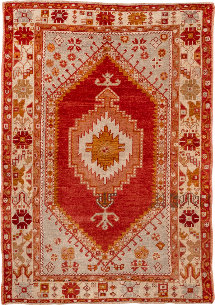 3' x 5' one-of-a-kind handmade vintage Oushak small size rug. Color palette: rust, ivory, terra cotta, gold, camel, rose