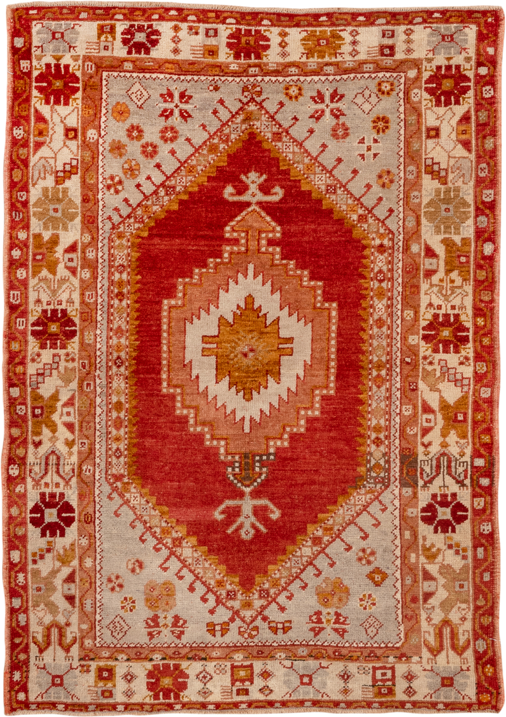 3' x 5' one-of-a-kind handmade vintage Oushak small size rug. Color palette: rust, ivory, terra cotta, gold, camel, rose