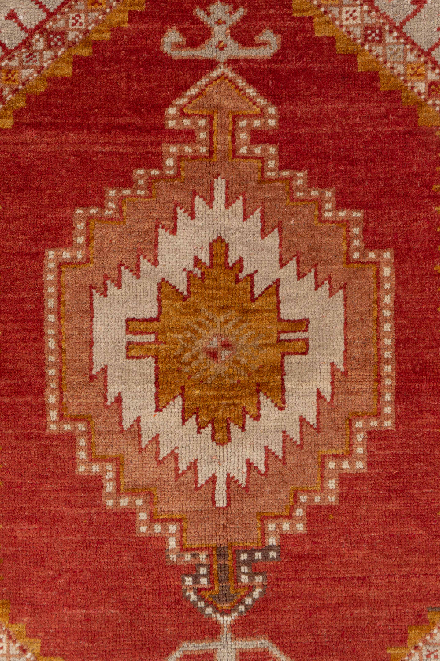 3' x 5' one-of-a-kind handmade vintage Oushak small size rug. Color palette: rust, ivory, terra cotta, gold, camel, rose