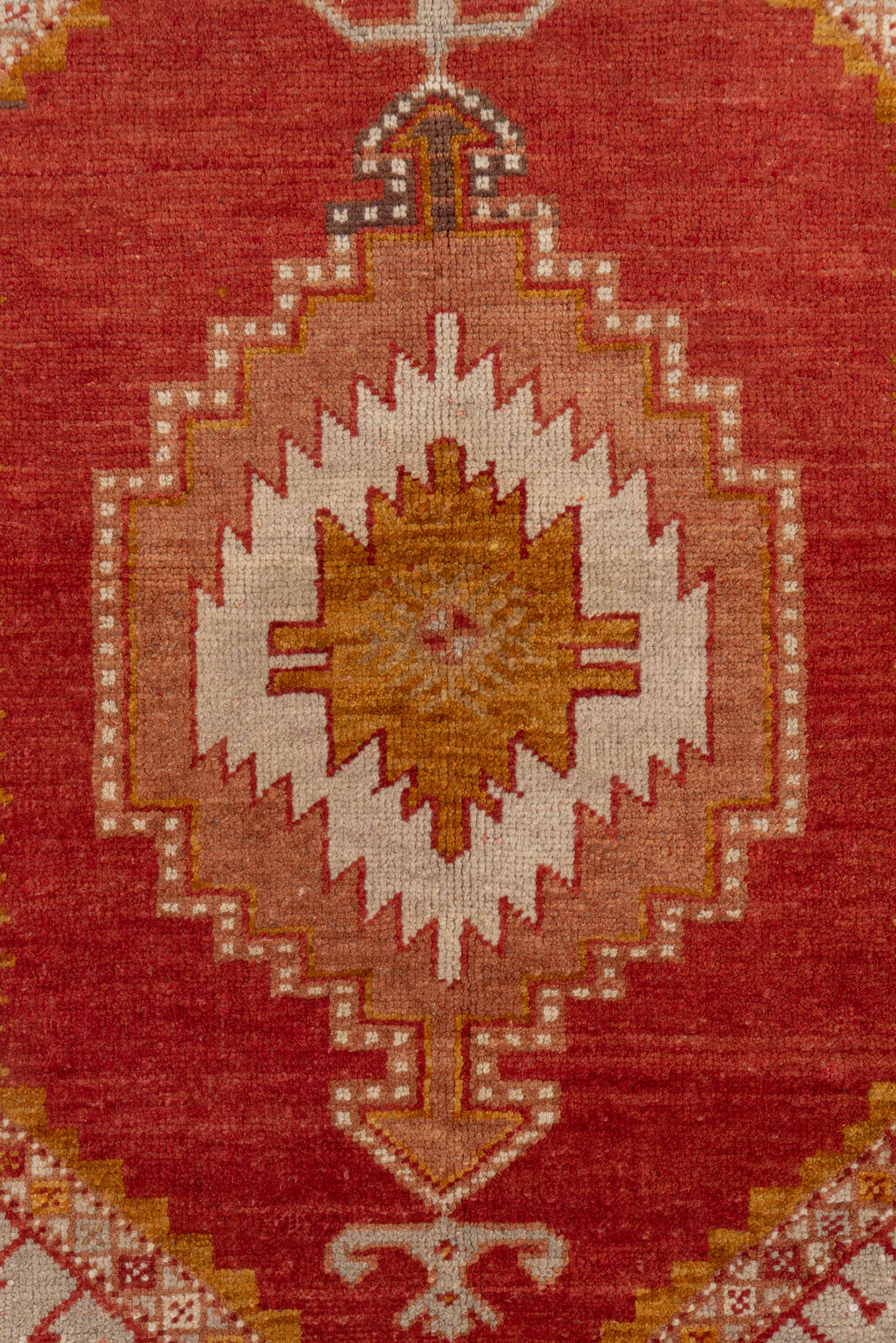 3' x 5' one-of-a-kind handmade vintage Oushak small size rug. Color palette: rust, ivory, terra cotta, gold, camel, rose