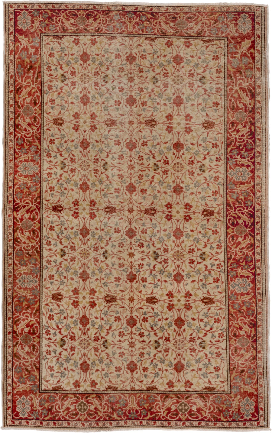 4' x 6' one-of-a-kind handmade vintage Kaisary small size rug. Color palette: ivory, rust, terracotta, sage, slate, beige