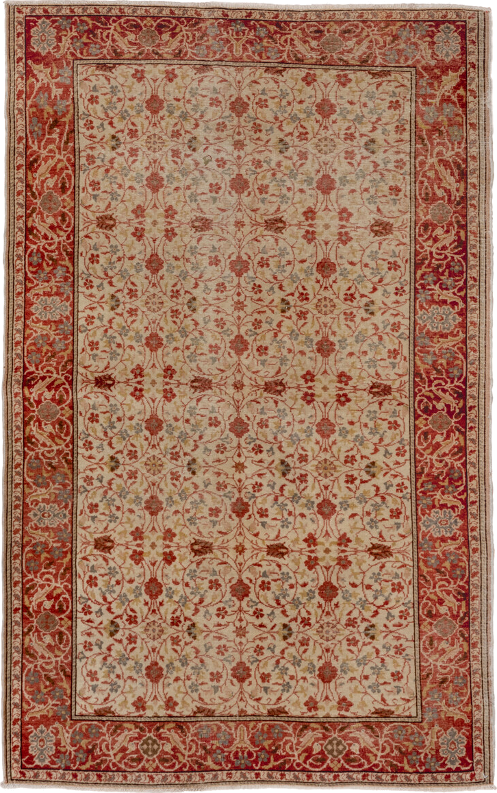 4' x 6' one-of-a-kind handmade vintage Kaisary small size rug. Color palette: ivory, rust, terracotta, sage, slate, beige