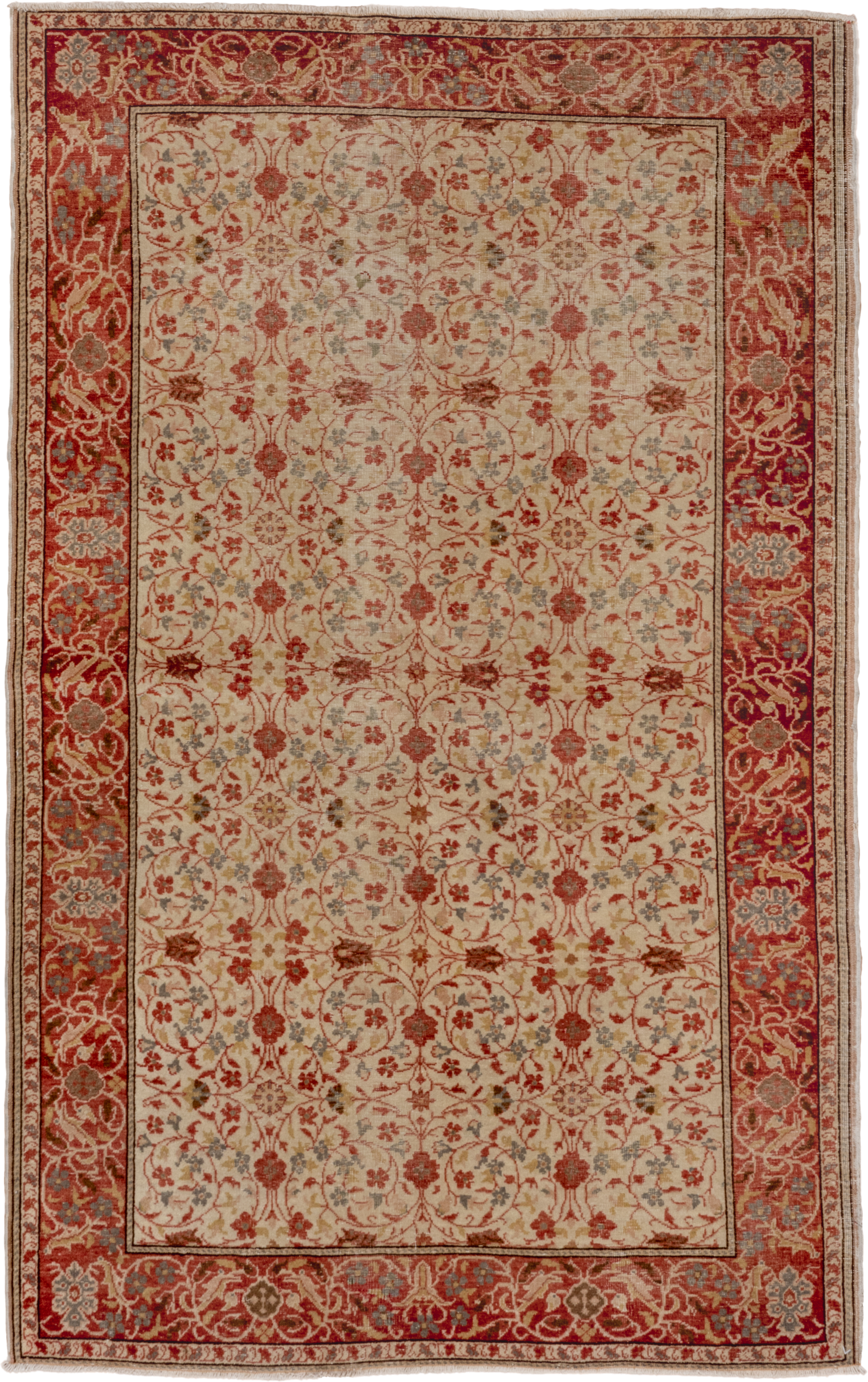 4' x 6' one-of-a-kind handmade vintage Kaisary small size rug. Color palette: ivory, rust, terracotta, sage, slate, beige