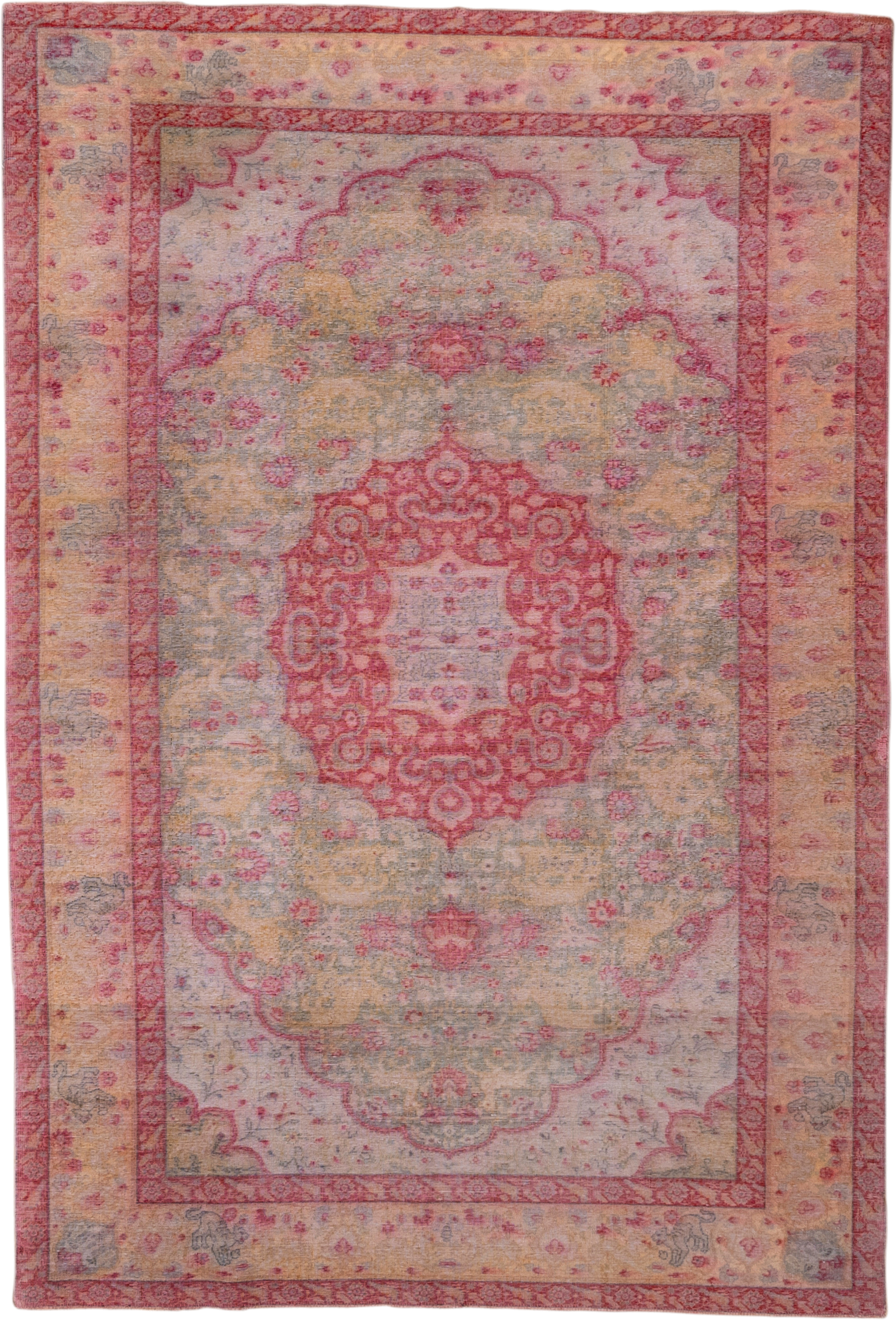 4' x 6' one-of-a-kind handmade vintage Kaisary small size rug. Color palette: ivory, rose, sage, gold, blush, taupe, coral