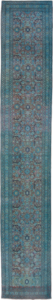 3' x 19' one-of-a-kind handmade vintage Sivas runner rug. Color palette: turquoise, slate, taupe, aqua, lavender, charcoal