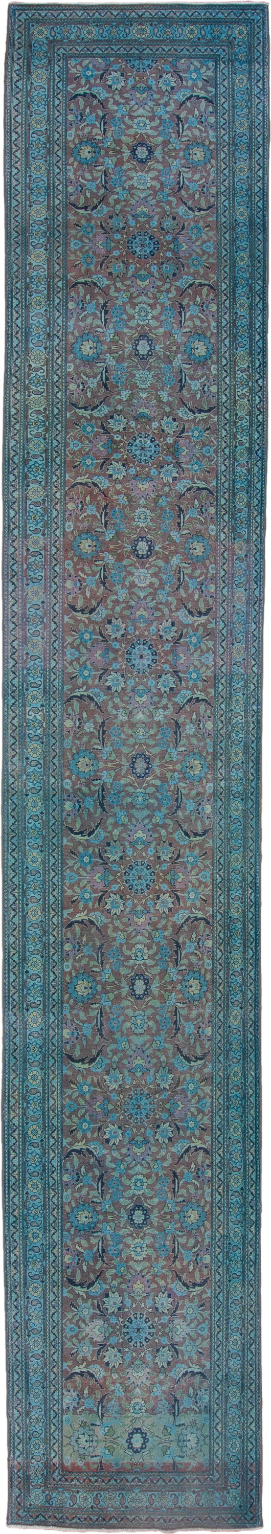 3' x 19' one-of-a-kind handmade vintage Sivas runner rug. Color palette: turquoise, slate, taupe, aqua, lavender, charcoal