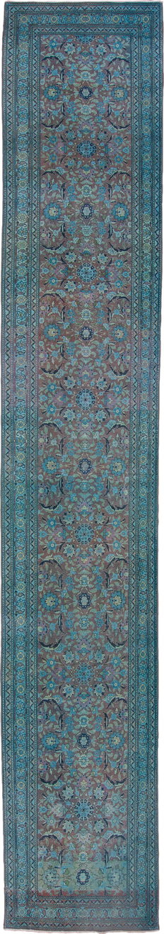 3' x 19' one-of-a-kind handmade vintage Sivas runner rug. Color palette: turquoise, slate, taupe, aqua, lavender, charcoal