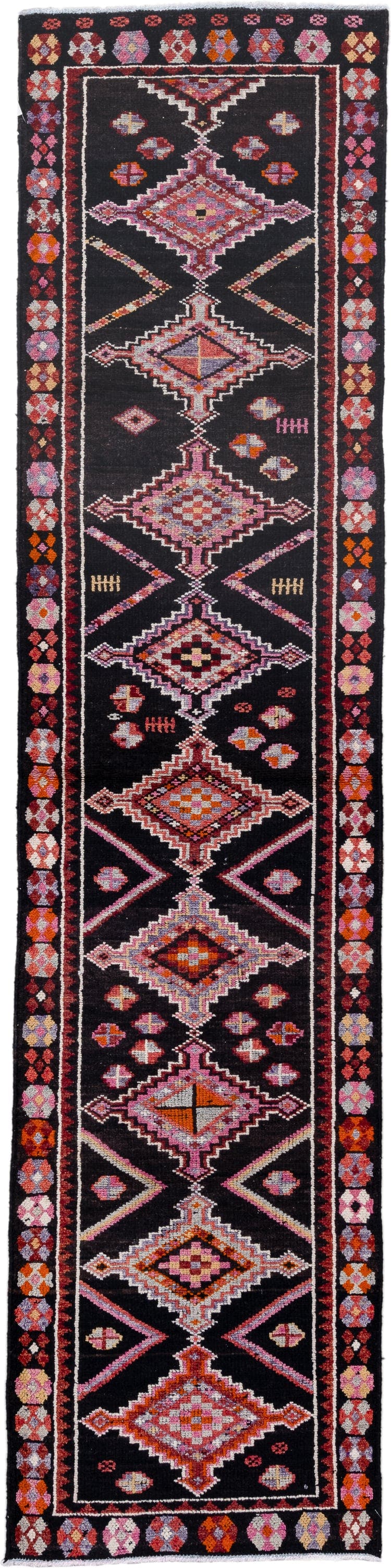 3' x 12' one-of-a-kind handmade vintage Oushak runner rug. Color palette: charcoal, rose, ivory, rust, lavender, crimson