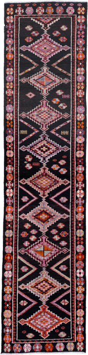 3' x 12' one-of-a-kind handmade vintage Oushak runner rug. Color palette: charcoal, rose, ivory, rust, lavender, crimson