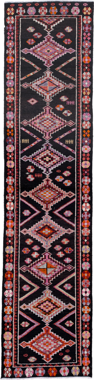 3' x 12' one-of-a-kind handmade vintage Oushak runner rug. Color palette: charcoal, rose, ivory, rust, lavender, crimson