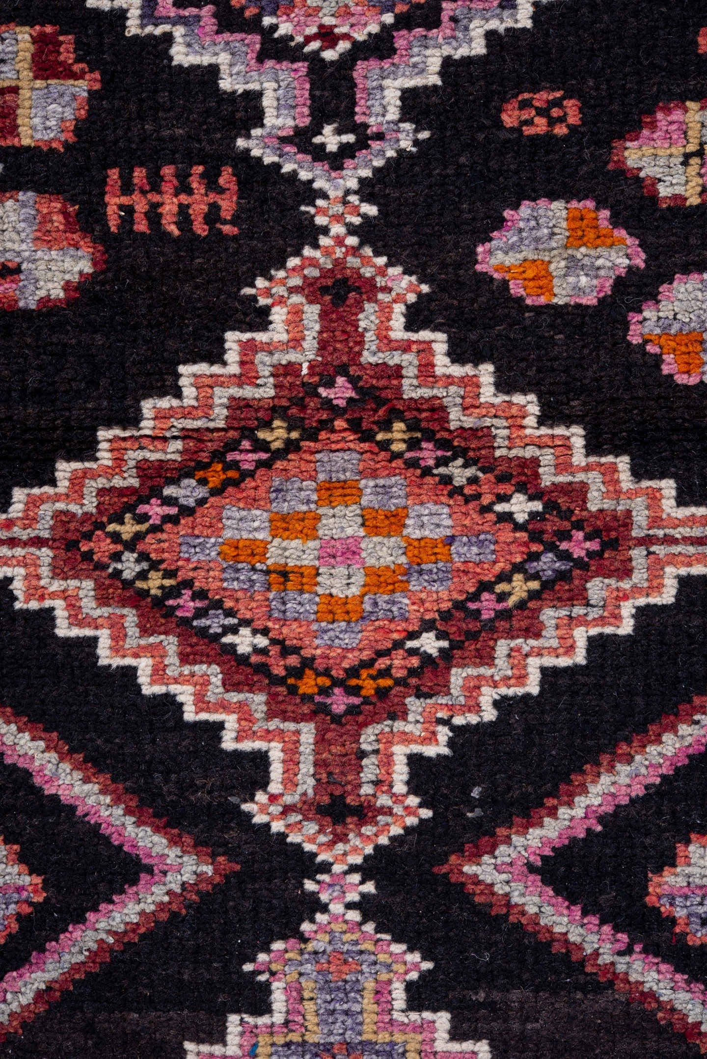 3' x 12' one-of-a-kind handmade vintage Oushak runner rug. Color palette: charcoal, rose, ivory, rust, lavender, crimson