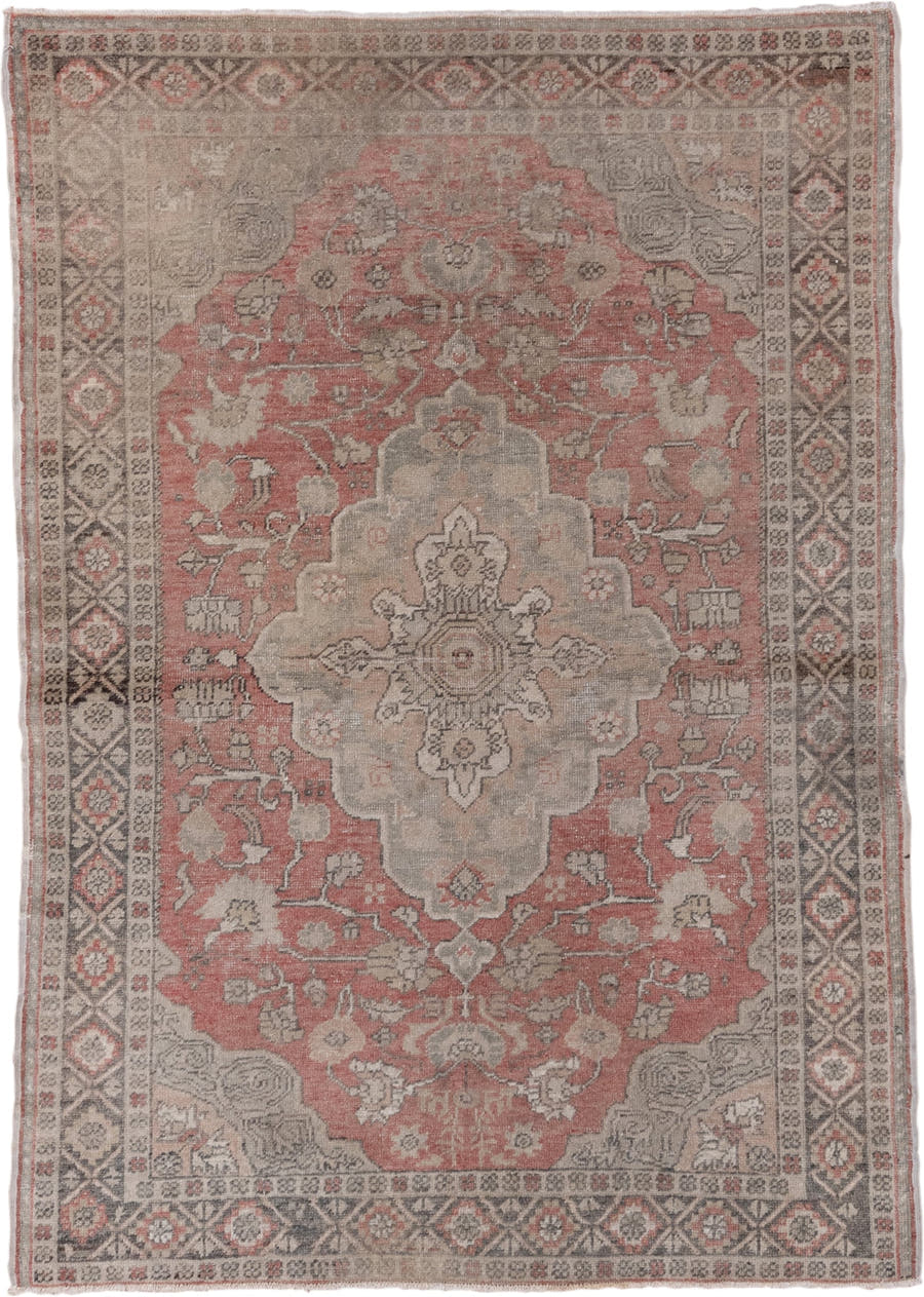 4' x 6' one-of-a-kind handmade antique Oushak small size rug. Color palette: rose, taupe, ivory, charcoal, blush, beige