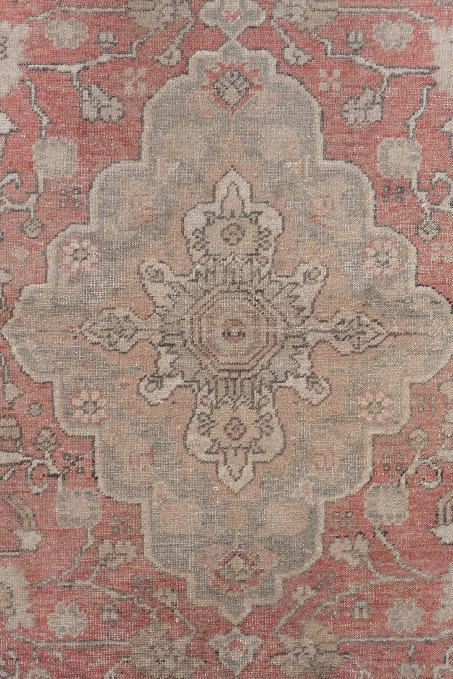 4' x 6' one-of-a-kind handmade antique Oushak small size rug. Color palette: rose, taupe, ivory, charcoal, blush, beige