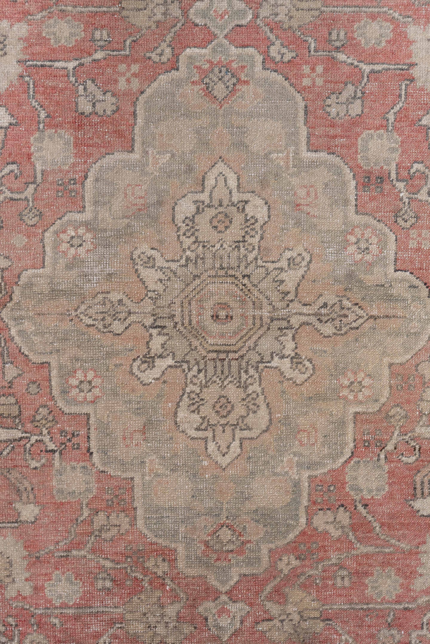 4' x 6' one-of-a-kind handmade antique Oushak small size rug. Color palette: rose, taupe, ivory, charcoal, blush, beige